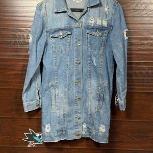 Cherry Koko Distressed Denim Coat Long Jacket Women’s Small Button Blue Jean
